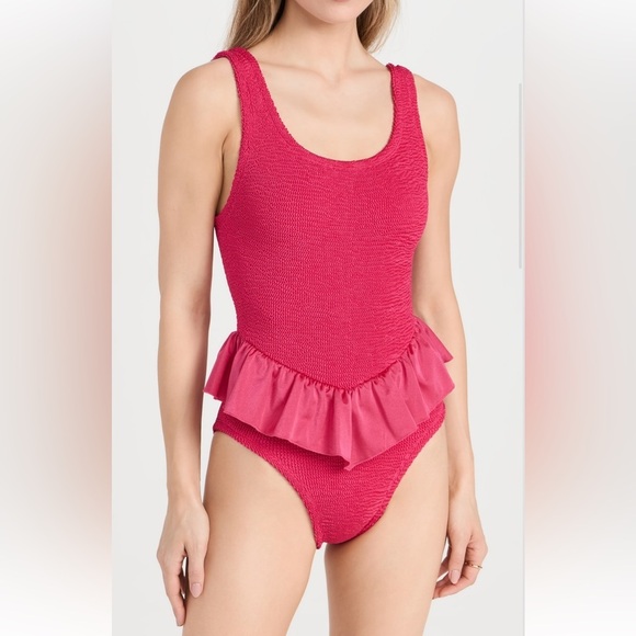 Hunza G Other - New Hunza G Denise Frill Swimsuit Metallic Crinkle One Piece  Pink Raspberry